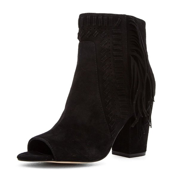 Rebecca Minkoff IRIS Fringe Bootie Sz 7.5 NIB Black Suede Open Toe Ankle Boot - Picture 2 of 7